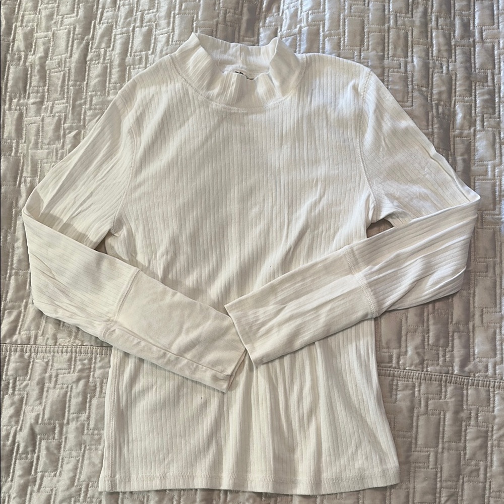 Women's White Ribbed Long-Sleeve Mock Neck Top